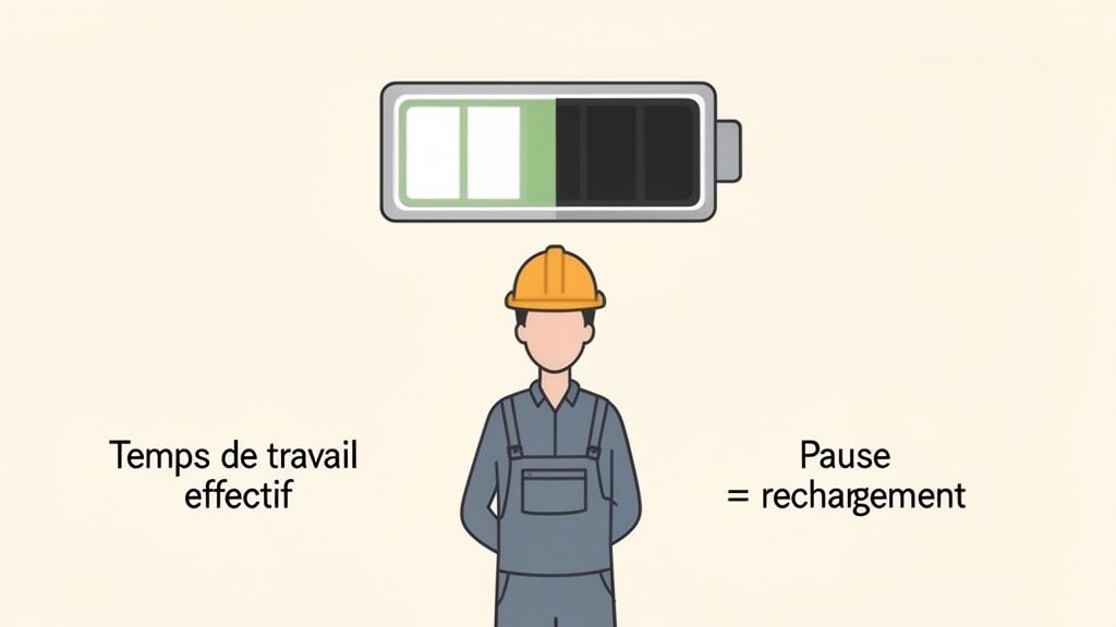 Illustration d'un ouvrier avec une batterie symbolisant l'énergie, comparant le temps de travail effectif à la pause pour la recharge.