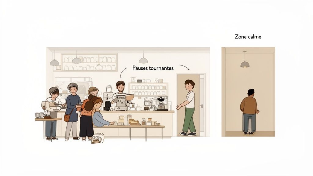 Illustration d'un café avec des employés travaillant et d'autres prenant des pauses dans une zone calme.