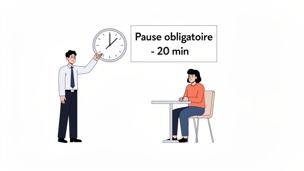 Un homme pointe une horloge pour indiquer une pause obligatoire de 20 minutes à une femme assise.