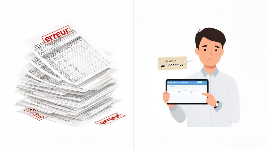Contraste entre piles de papiers d'erreurs et un homme utilisant un logiciel de pointeuse numérique pour gagner du temps.