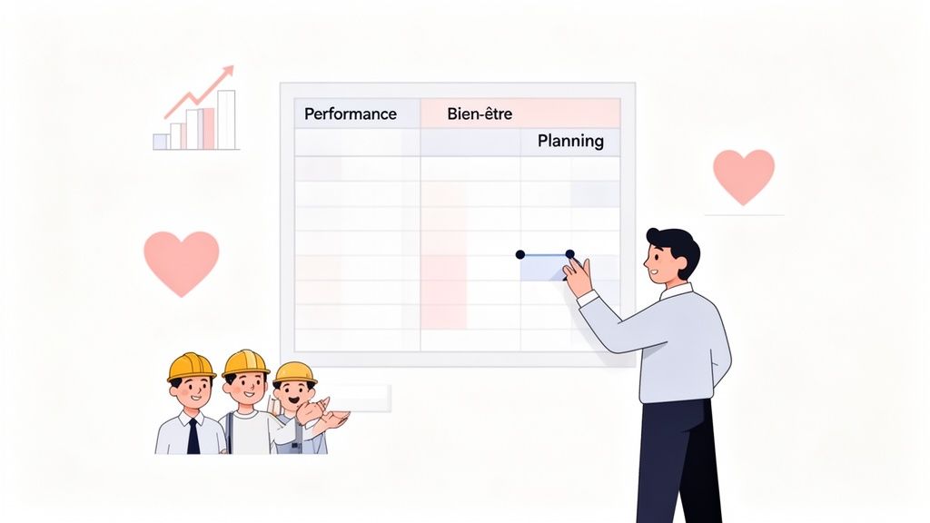 Un homme ajuste un planning de performance et bien-être sur un écran, devant des ouvriers et des symboles de succès.