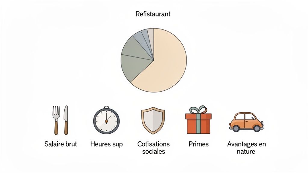 Graphique circulaire détaillant les éléments de la masse salariale : salaire brut, heures sup, cotisations sociales, primes et avantages en nature.