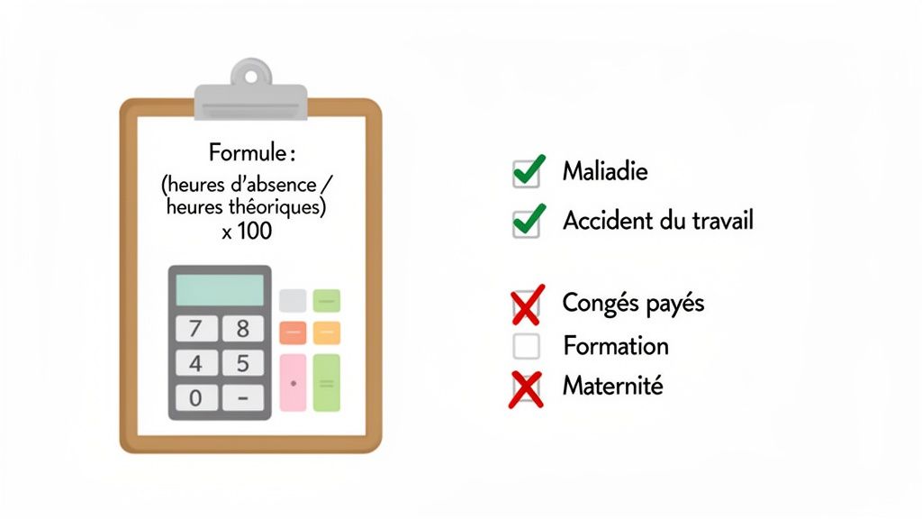 Image illustrant la formule du calcul du taux d'absentéisme avec une calculatrice et les absences prises en compte.