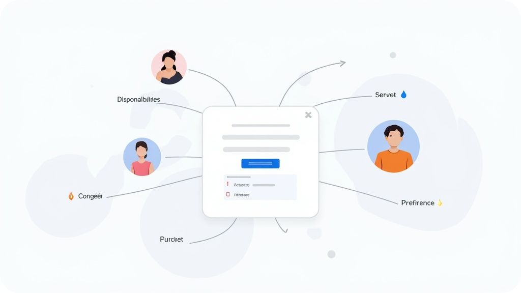 Interface de gestion du personnel montrant les avatars, disponibilités, préférences et tâches du personnel.