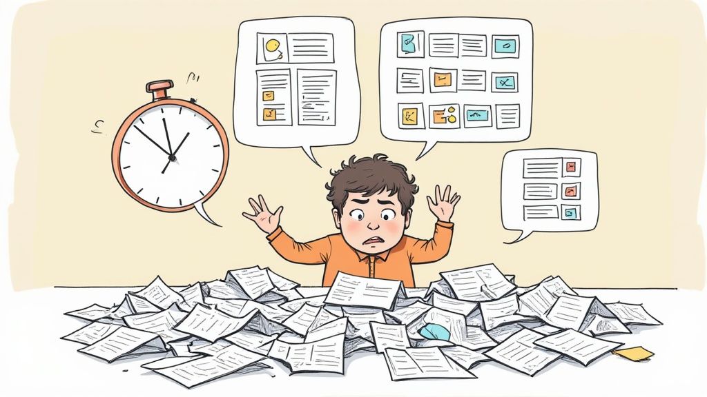 Personne submergée de documents, horloge et bulles de tâches, illustrant le stress lié à la gestion.