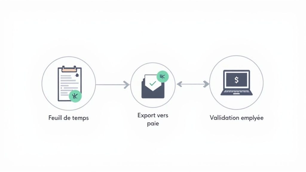 Diagramme montrant le processus de la feuille de temps, l'exportation vers la paie et la validation par l'employé.