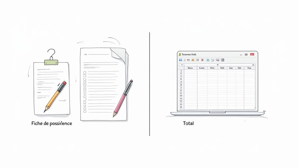 Illustration comparant la saisie manuelle de données sur papier à la gestion numérique des heures de travail sur ordinateur.
