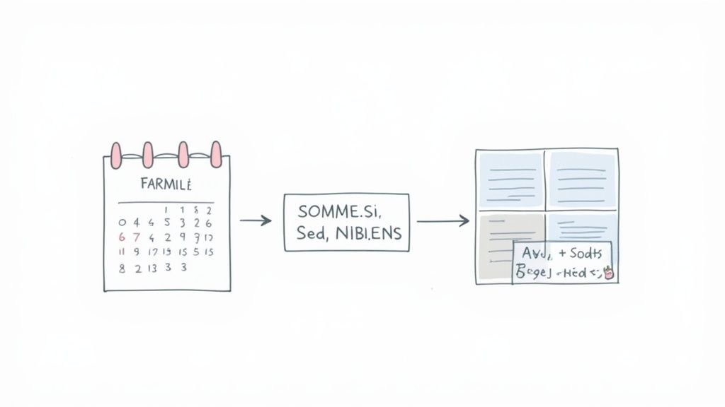 Illustration montrant un calendrier avec des données, une formule Excel (SOMME.SI) et un tableau de résultats, suggérant la gestion de planning.