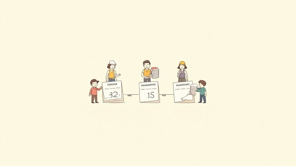 Illustration de personnages mignons travaillant sur un processus de gestion de documents avec des chiffres.