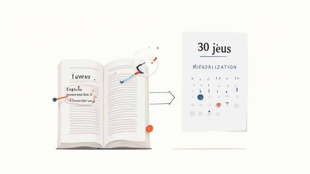 Un livre ouvert avec une loupe et des annotations, lié à un calendrier intitulé '30 jeux', symbolisant la transformation d'idées.