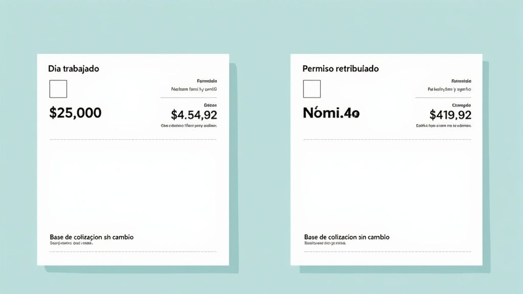 Dos tarjetas blancas con textos en español: 'Día trabajado' y 'Permiso retribuido', mostrando cifras monetarias y detalles laborales.