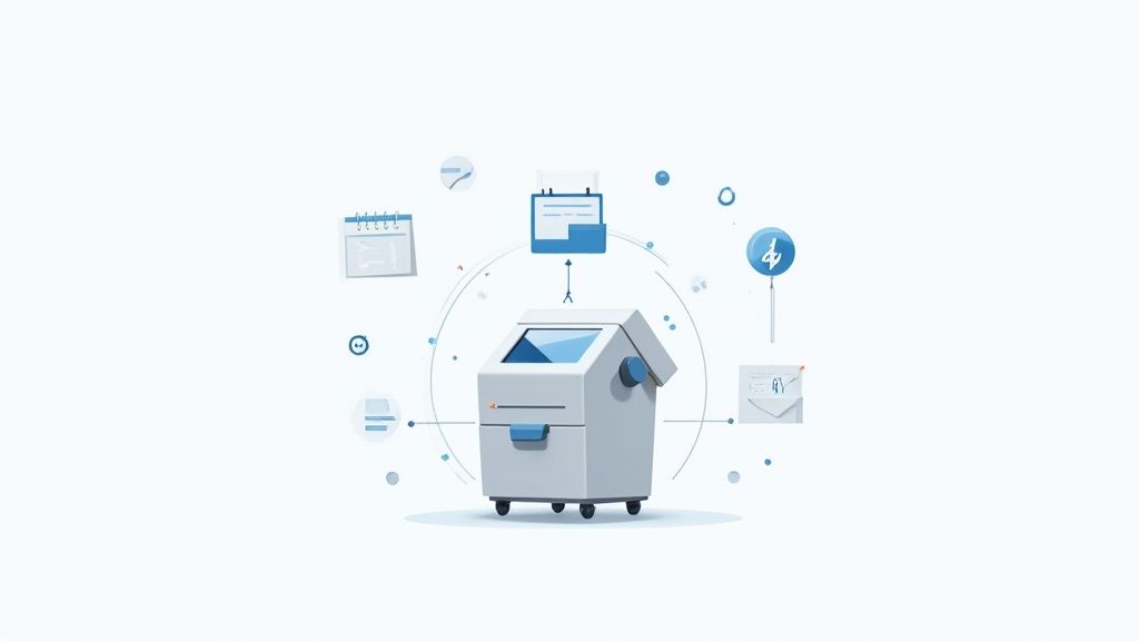 Máquina de fichaje futurista rodeada de iconos digitales como calendario, documentos y correo electrónico, simbolizando gestión eficiente.