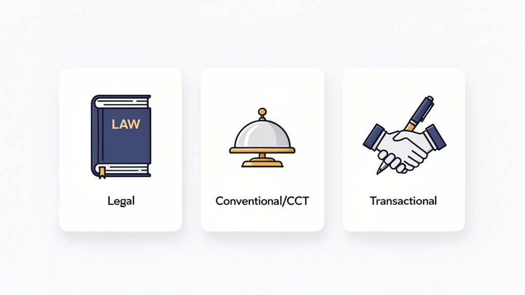 Trois cartes illustrant les aspects légal (livre de loi), conventionnel (cloche de service) et transactionnel (poignée de main avec stylo).