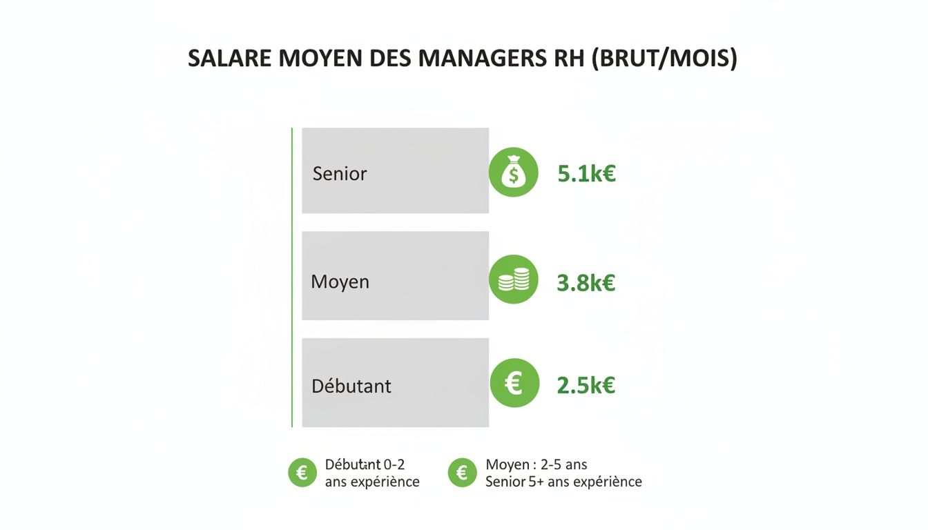 Infographie affichant le salaire moyen brut mensuel des managers RH par niveau d'expérience (débutant, moyen, senior).