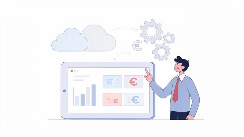 Un homme d'affaires utilise une tablette pour la gestion financière et les processus cloud.