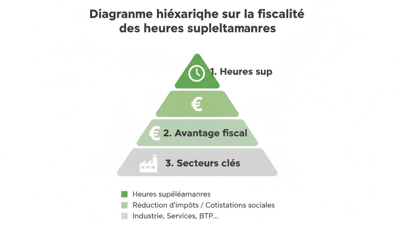 Diagramme hiérarchique en pyramide illustrant la fiscalité des heures supplémentaires et ses avantages.