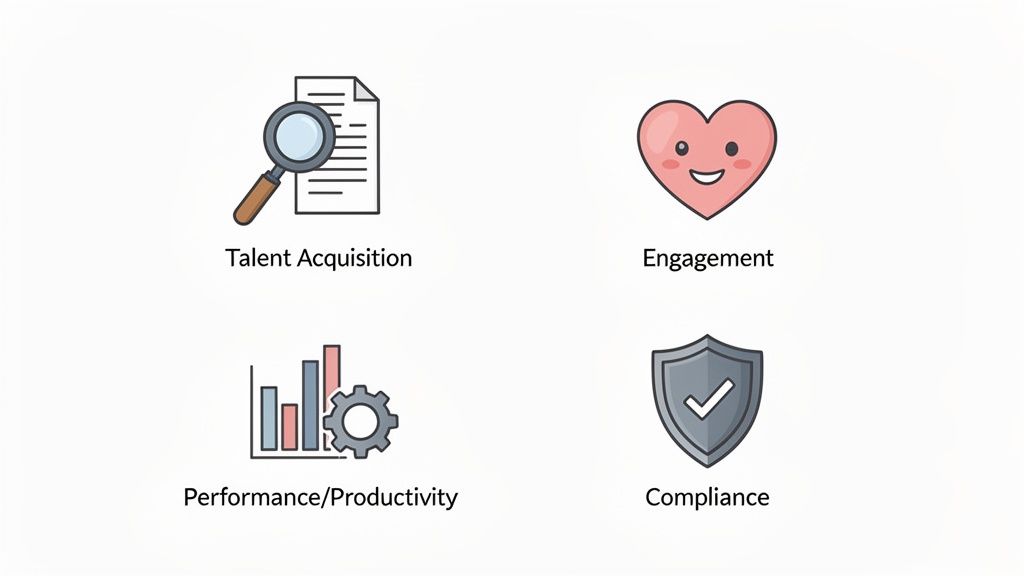 Quatre icônes illustrant les piliers des ressources humaines : acquisition de talents, engagement, performance et conformité.