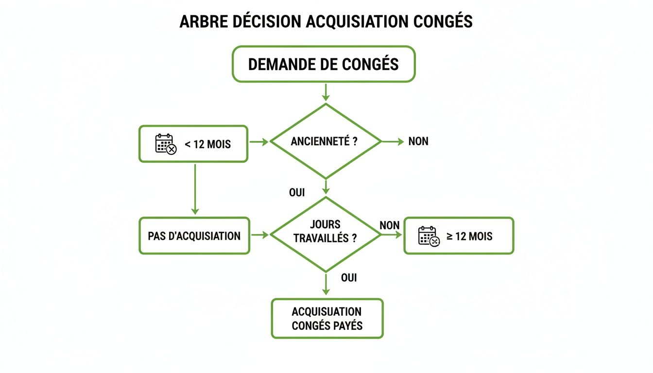 Arbre de décision pour l'acquisition de congés payés, détaillant les critères d'ancienneté et de jours travaillés.