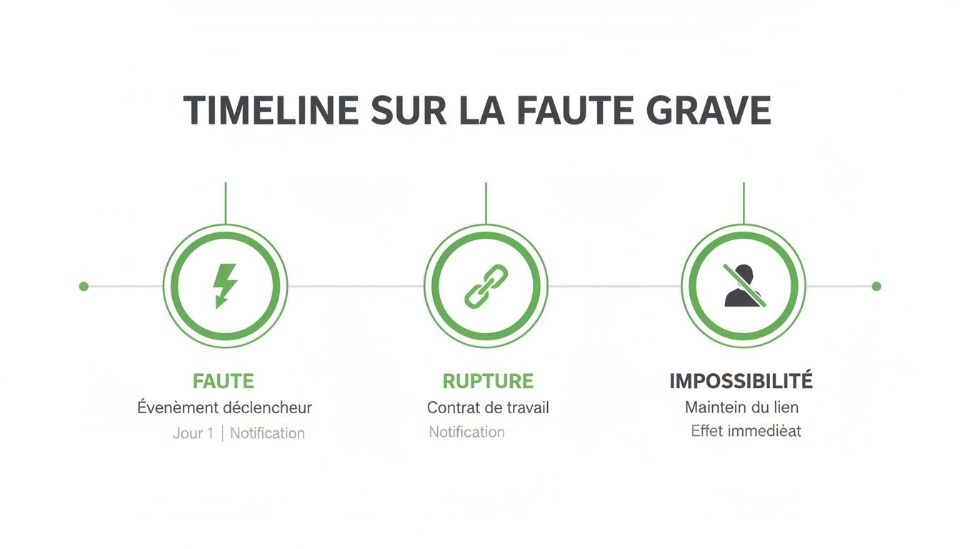 Timeline illustrant les étapes et conséquences d'une faute grave : l'événement déclencheur, la rupture du contrat et l'impossibilité de maintenir le lien.