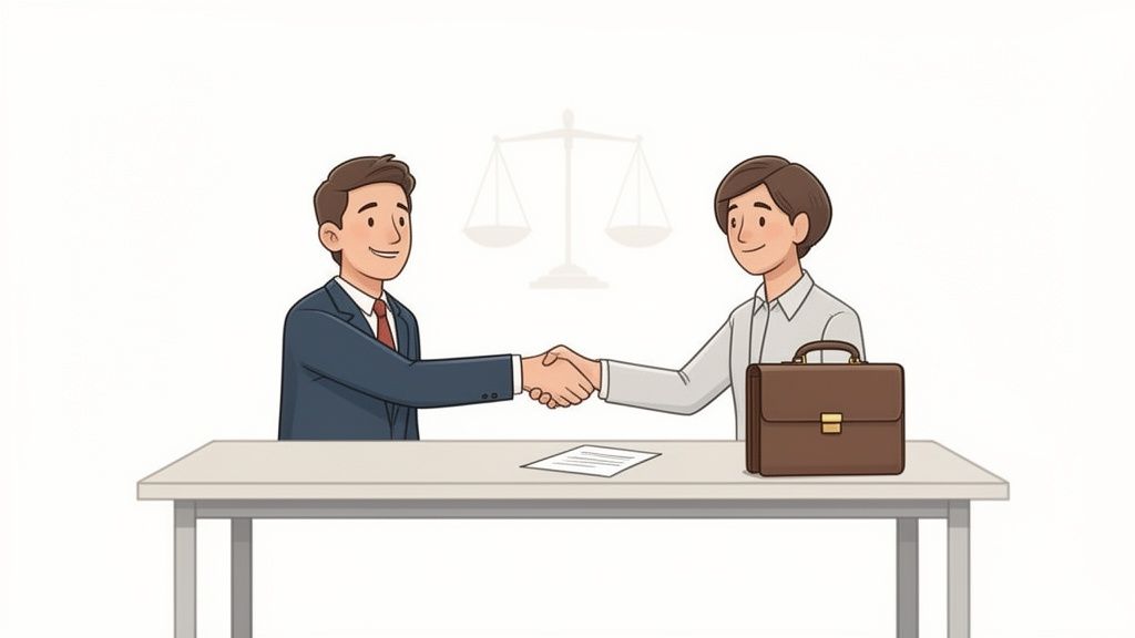Deux hommes en costume se serrent la main devant une balance de justice, symbolisant un accord légal.