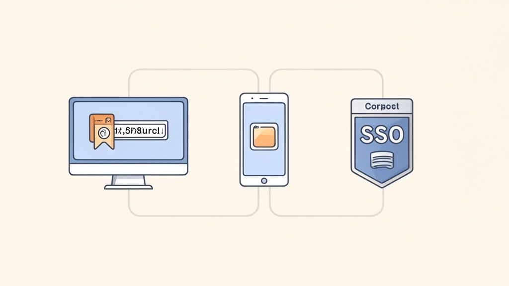 Diagramme illustrant l'accès sécurisé à un système SSO d'entreprise depuis un ordinateur et un smartphone.