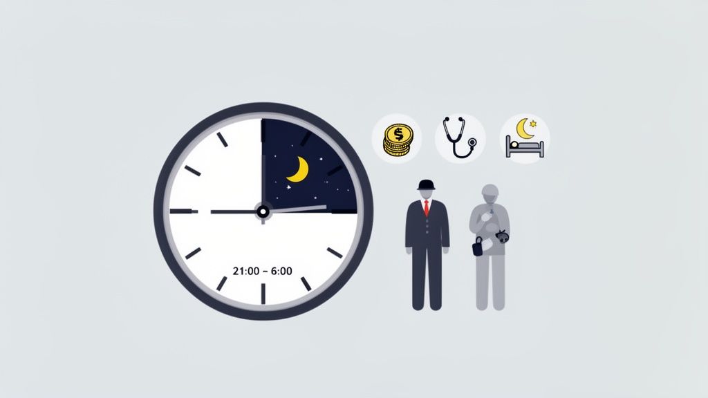 Une horloge avec une période de nuit (21h-6h), des icônes de monnaie, santé, sommeil, et des figures de travailleurs. Représente le travail de nuit.