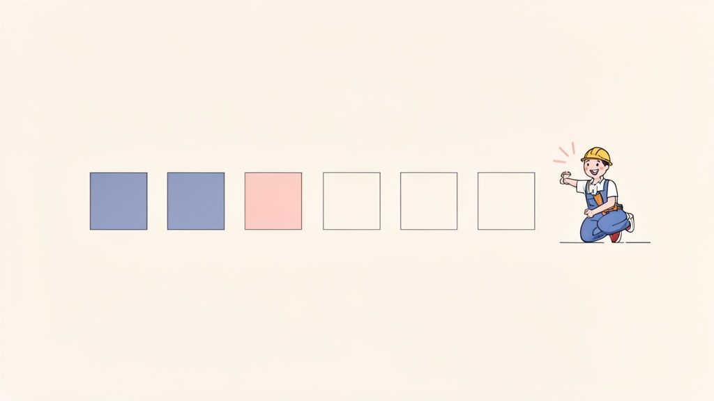 Illustration d'un ouvrier du bâtiment souriant, à genoux, pointant des carrés colorés et vides, évoquant un processus de sélection.