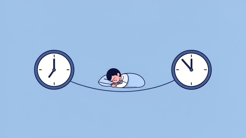 Une personne dort paisiblement entre deux horloges, symbolisant le repos et le passage du temps.