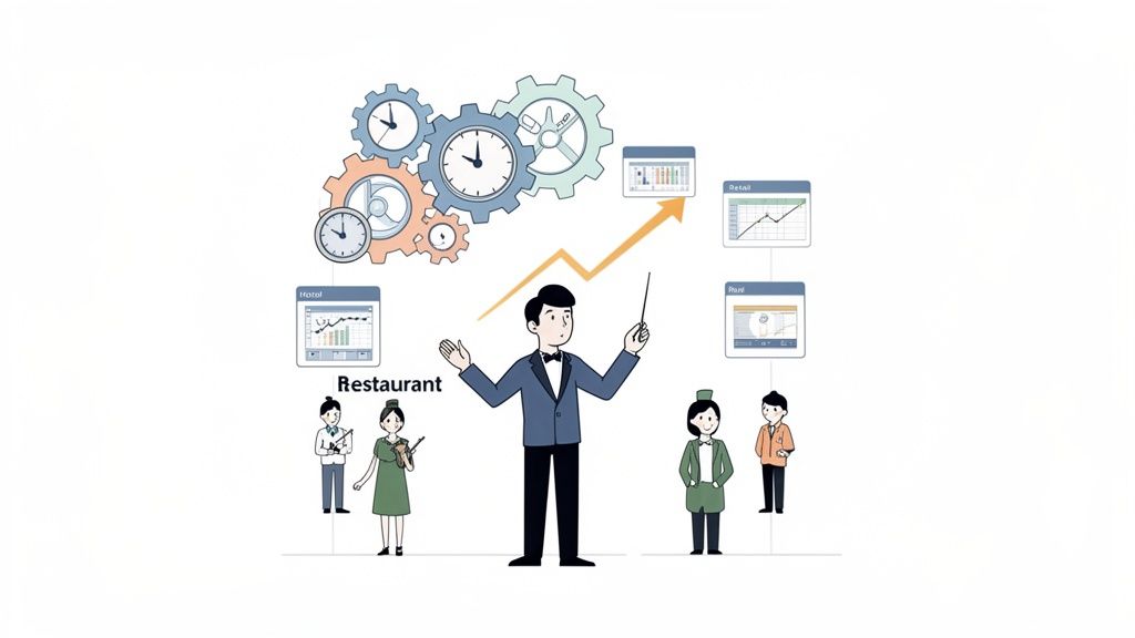 Un chef d'orchestre guide le personnel et les activités d'hôtellerie, restauration et commerce, symbolisant la gestion du temps et la croissance.
