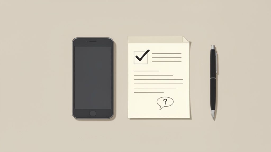 Téléphone portable, document avec case cochée et bulle de question, et stylo sur une table beige.