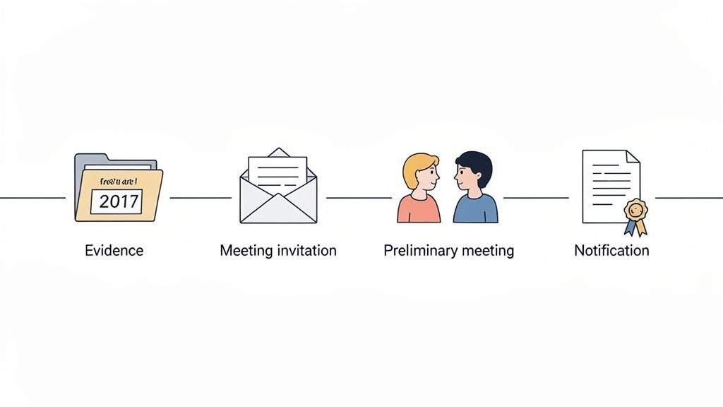 Diagramme illustrant quatre étapes d'un processus : preuves (dossier 2017), invitation, réunion préliminaire et notification.