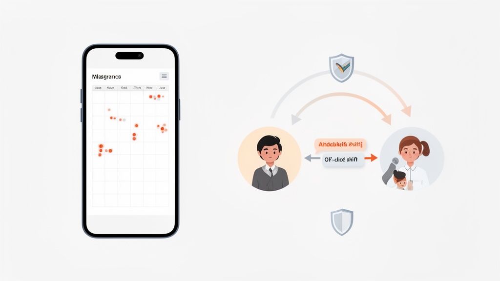 Application mobile affichant un planning de garde, illustrant la gestion des changements de poste entre deux personnes avec un enfant.