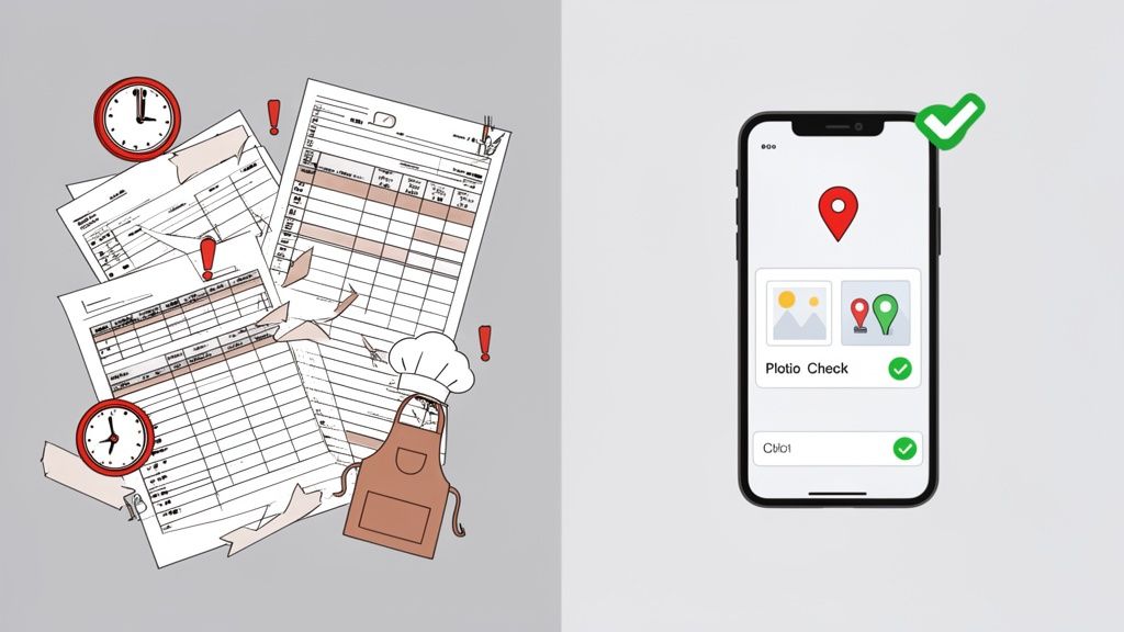 Een vergelijking van chaotische papieren formulieren met klokken en een schort naast een gestroomlijnde digitale smartphone-app voor locatiecontroles.