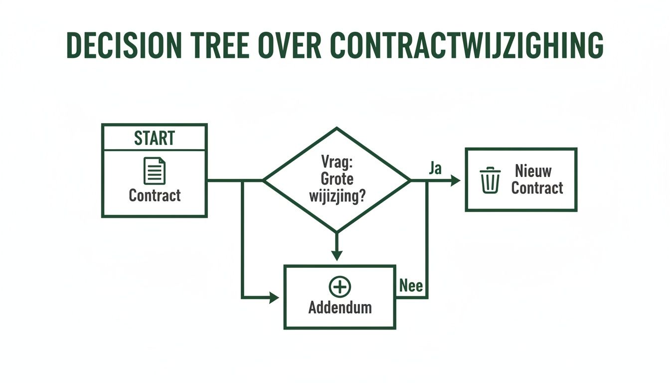 Flowchart over contractwijzigingen. Bepaalt of een wijziging een nieuw contract of een addendum vereist.