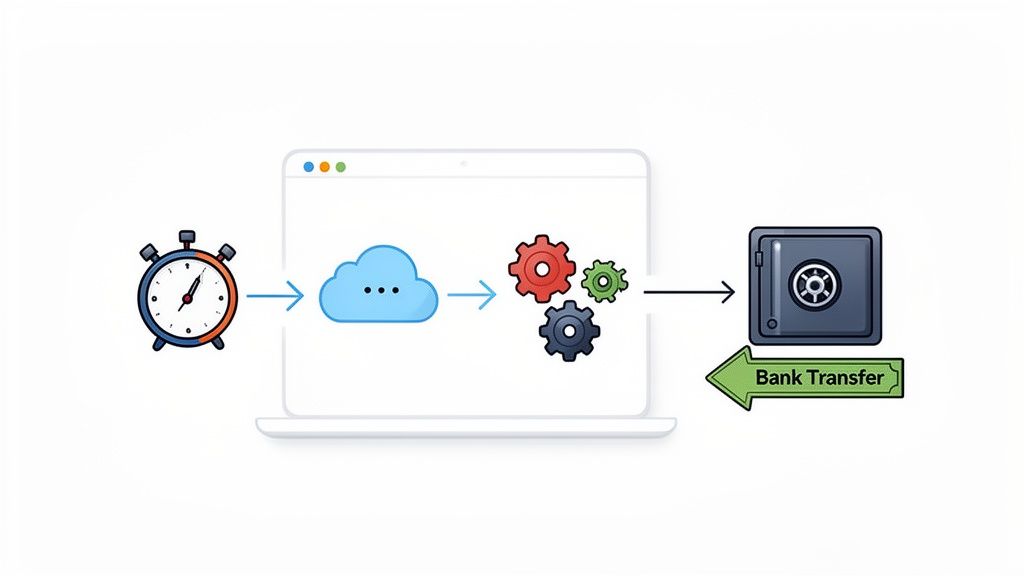Een diagram toont het snelle proces van tijd, cloudverwerking en tandwielen naar een bankoverschrijving.