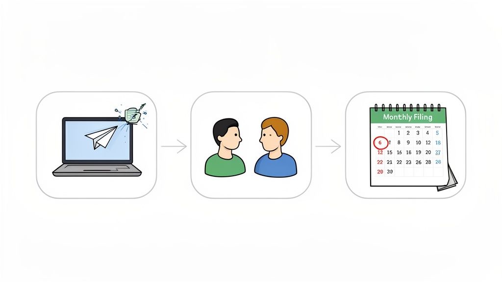 Een illustratie van een proces: van digitale communicatie via een laptop naar samenwerking en maandelijkse indiening.