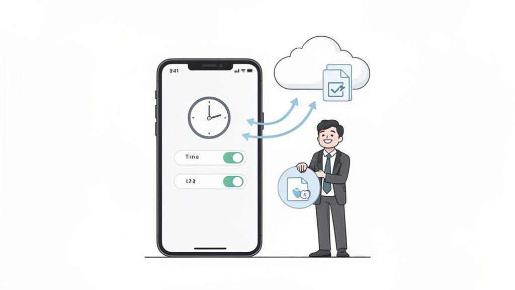 Illustratie van een smartphone met tijdsinstellingen, een zakenman en documenten die met de cloud synchroniseren.