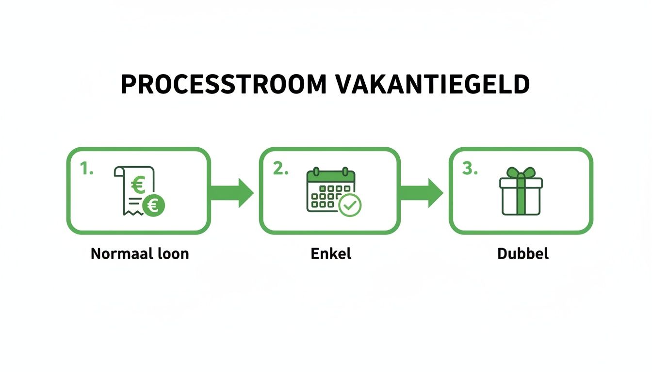 Een stroomdiagram dat de processtroom van vakantiegeld visualiseert, met stappen voor normaal loon, enkel en dubbel.