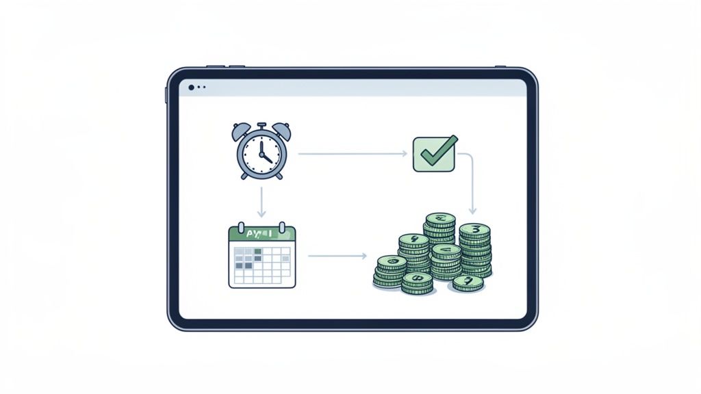 Illustratie op een tablet: wekker, kalender met 'PAY', vinkje, en stapels munten die financiële automatisering tonen.