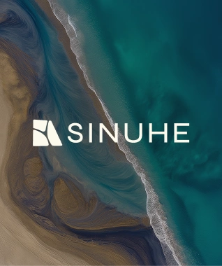 Sinuhe Finance logotype on landscape photography — brand identity applied over aerial delta and coastline imagery