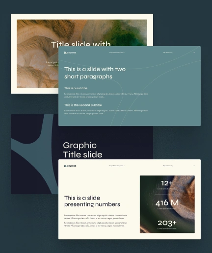 Sinuhe Finance pitch deck design — investor presentation with airy iconographic system and deep Mediterranean colour palette