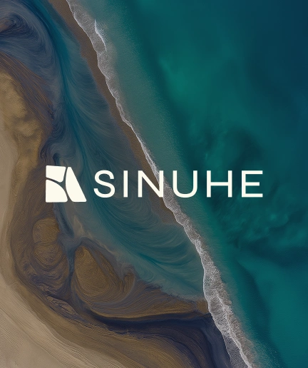 Sinuhe Finance logotype on landscape photography — brand identity applied over aerial delta and coastline imagery