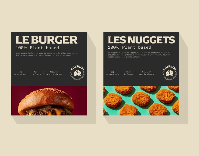 Kokiriki plant-based packaging design — black and bordeaux packaging with bold typographic identity