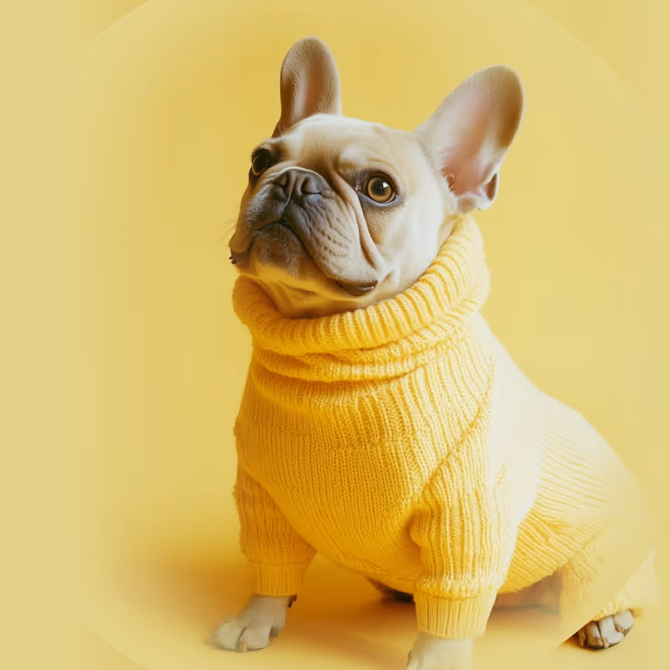 A dog wearing a bright yellow sweater, sitting happily and looking towards the camera.