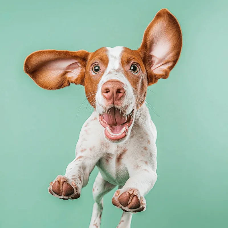 A dog is captured mid-jump, displaying excitement and enthusiasm in a playful moment.