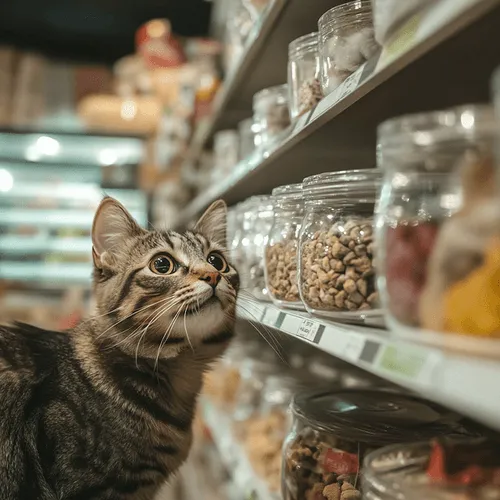 A curious cat gazes at pet food displayed on a store shelf.