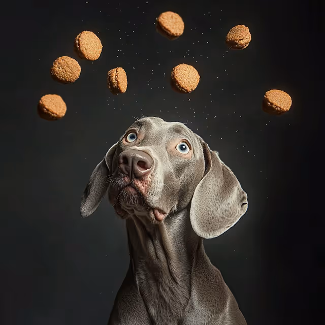 A curious dog looks up at a tempting assortment of cookies.