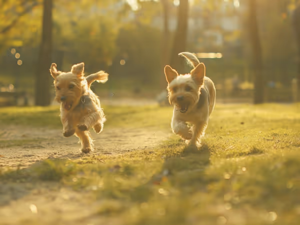 Two small dogs joyfully running together in a sunny park, surrounded by green grass and trees.