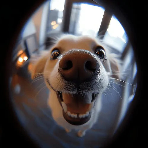 A dog gazes looking through a hole with a curious expression, showcasing its playful demeanor.