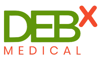 Logo DEB Medical avec les lettres DEB en vert et un X rouge au-dessus de MEDICAL en rouge.